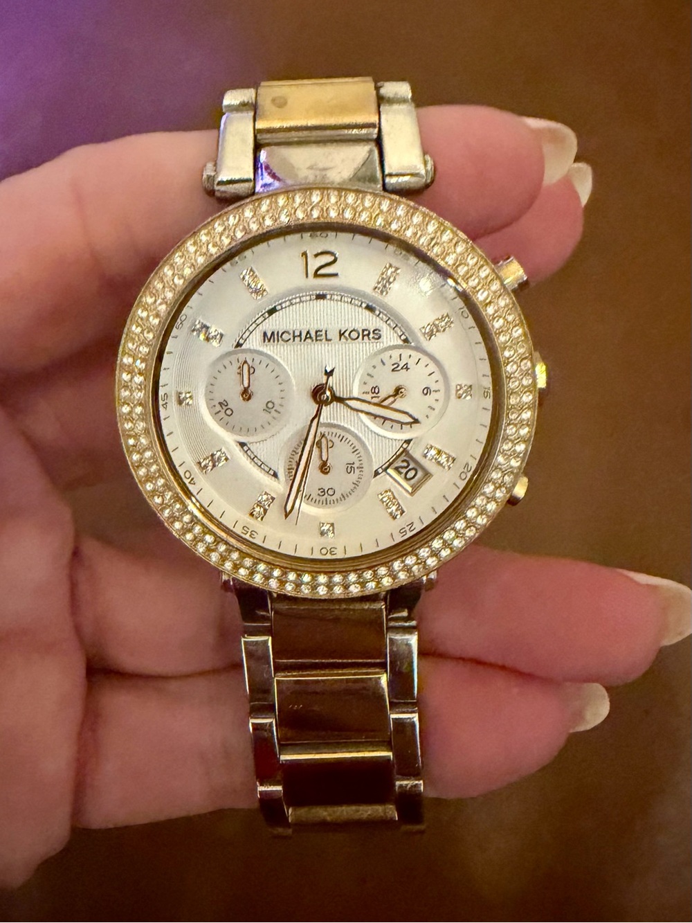 Michael Kors Gold-Tone Crystal Accent Women's Chronograph Watch with White Dial